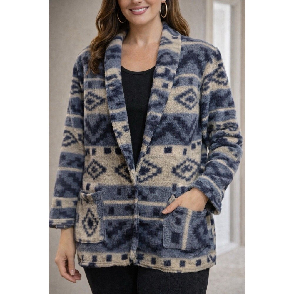 Vintage Blue Grey Aztec Pattern Jacket Sz Large Southwestern Style One Button